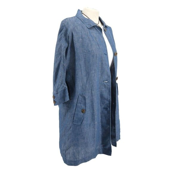 Japanese 100% Linen Blue Button Front Coat Jacket Minimalist Oversized - Picture 2 of 11